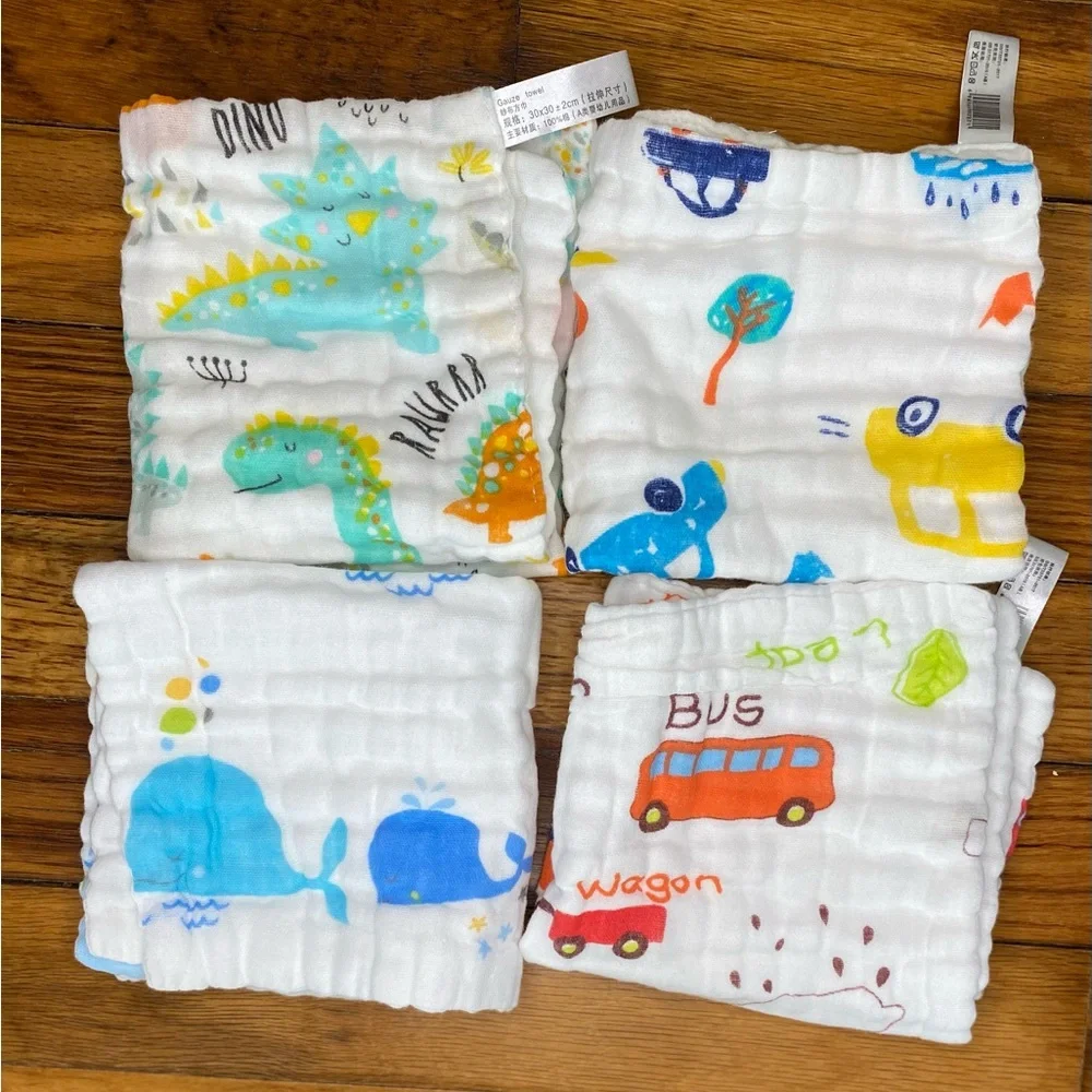 Colorful Dinosaur and Vehicle Print Baby Burp Cloths NEW pack of 8